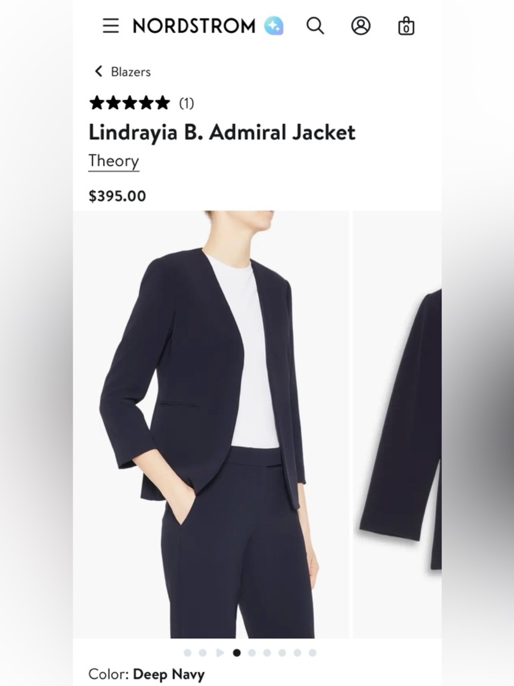 Theory Lindrayia B. Admiral Open Front Blazer 3/4 Sleeve Dark Navy Career Size 2